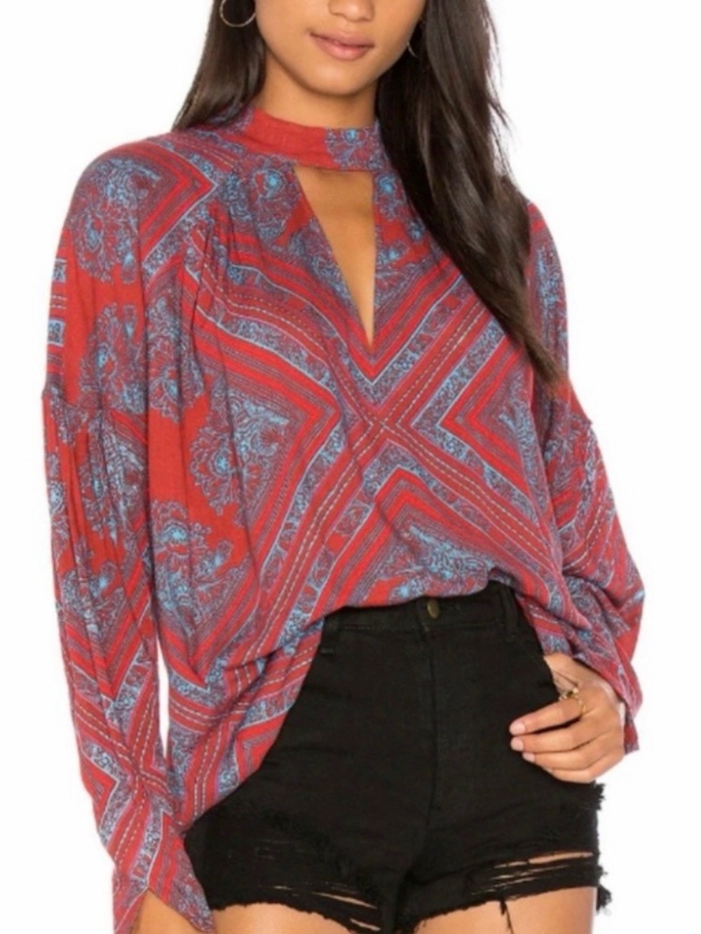 #884 FREE PEOPLE Walking On a Dream Red and Blue Paisley Keyhole Blouse
